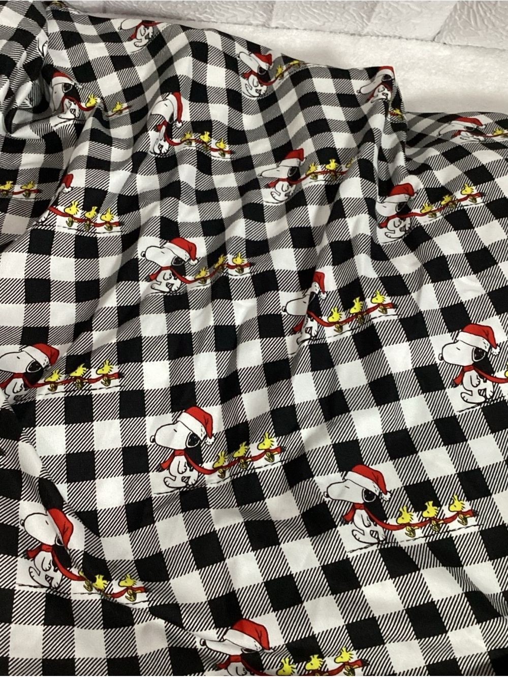 Peanuts Snoopy Woodstock Christmas Twin Fitted Sheet Black White Plaid Berkshire